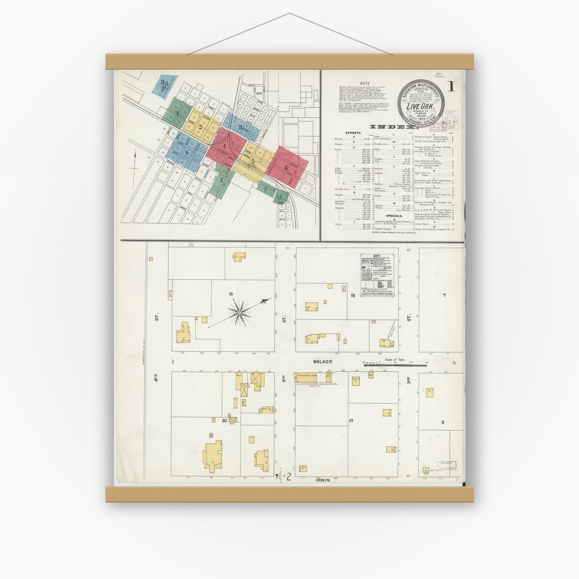 Old map wall art mockup — magnetic wood frame on white wall — Sanborn Fire Insurance Map from Live Oak, Suwanee County, Florida (1903), Sheet #0001