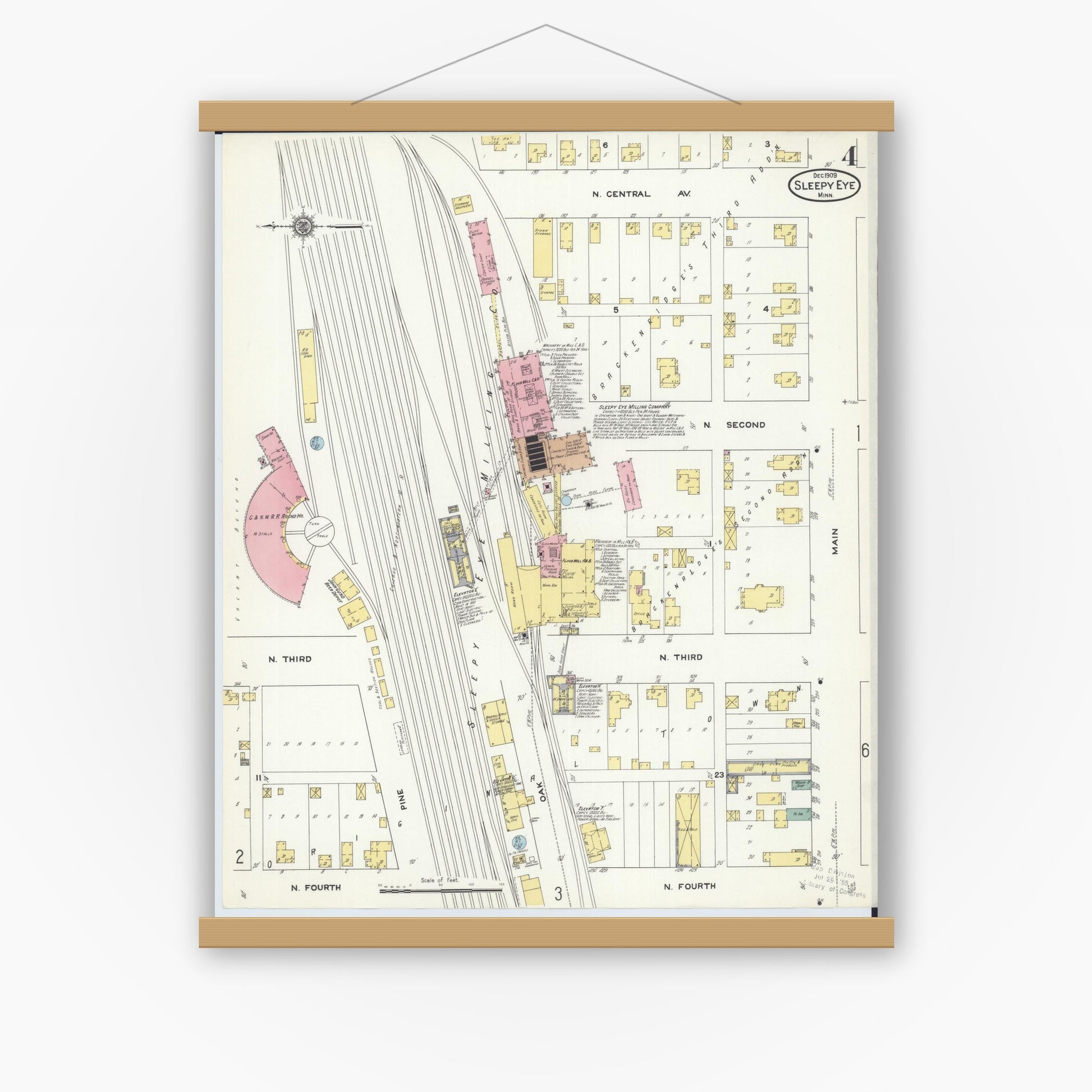 Old map wall art mockup — magnetic wood frame on white wall — Sanborn Fire Insurance Map from Sleepy Eye, Brown County, Minnesota (1909), Sheet #0004