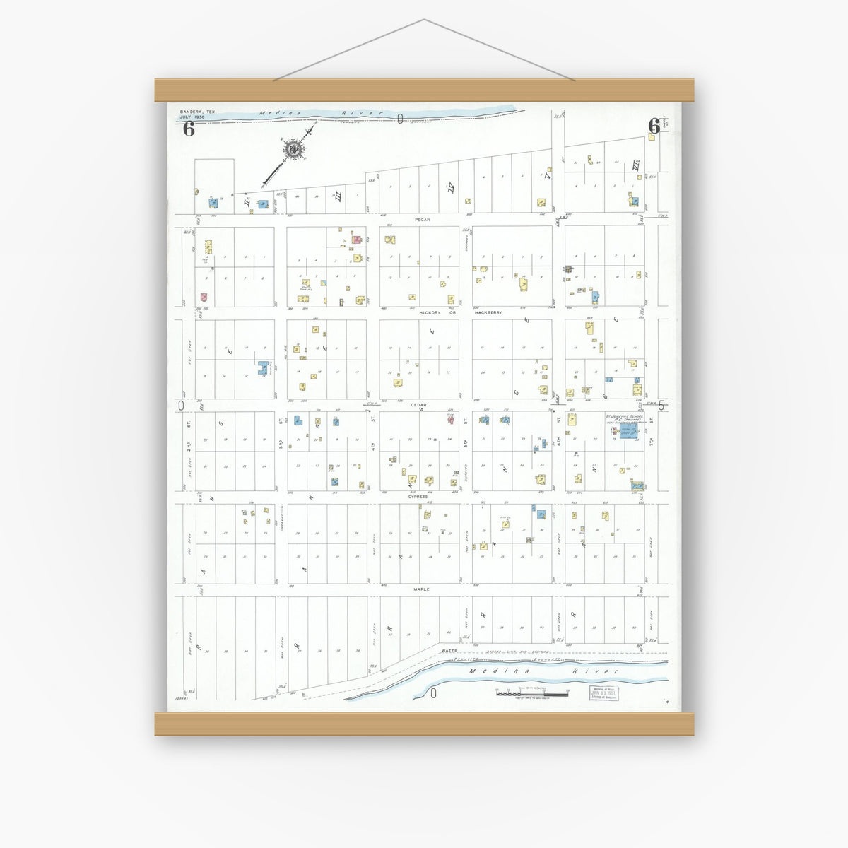 Old map wall art mockup — magnetic wood frame on white wall — Sanborn Fire Insurance Map from Bandera, Bandera County, Texas (1950), Sheet #0006