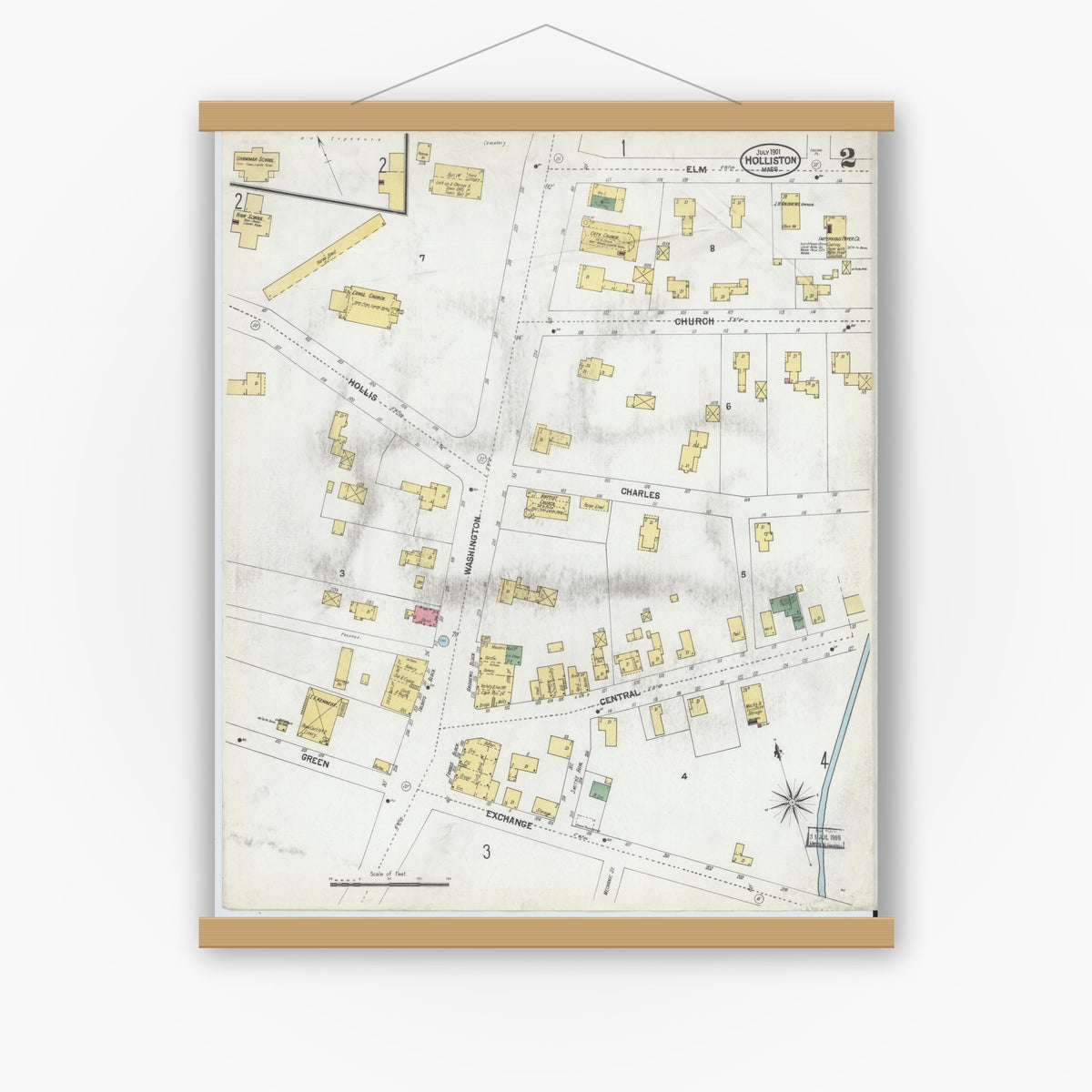 Old map wall art mockup — magnetic wood frame on white wall — Sanborn Fire Insurance Map from Holliston, Middlesex County, Massachusetts (1901), Sheet #0002