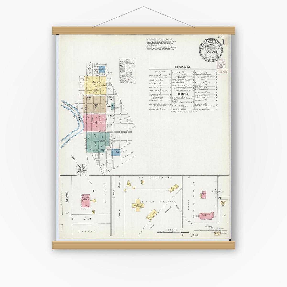 Old map wall art mockup — magnetic wood frame on white wall — Sanborn Fire Insurance Map from Le Sueur, Le Sueur County, Minnesota (1902), Sheet #0001