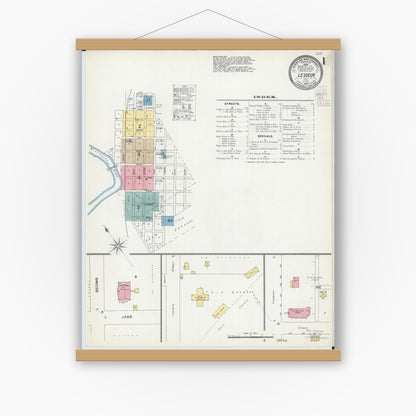 Old map wall art mockup — magnetic wood frame on white wall — Sanborn Fire Insurance Map from Le Sueur, Le Sueur County, Minnesota (1902), Sheet #0001