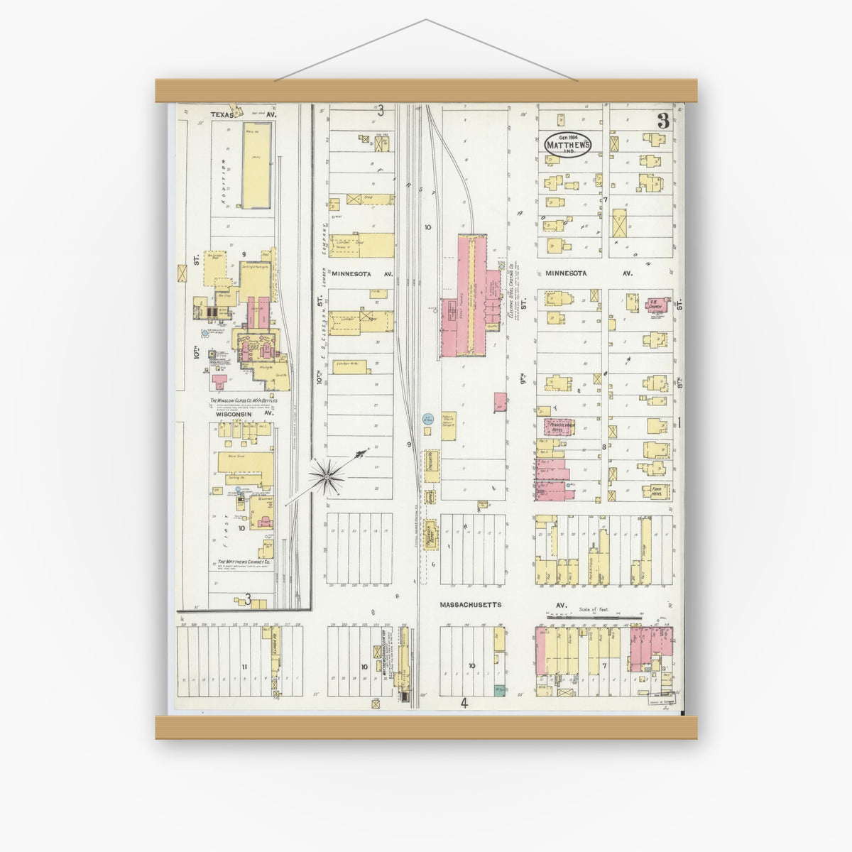 Old map wall art mockup — magnetic wood frame on white wall — Sanborn Fire Insurance Map from Matthews, Grant County, Indiana (1904), Sheet #0003