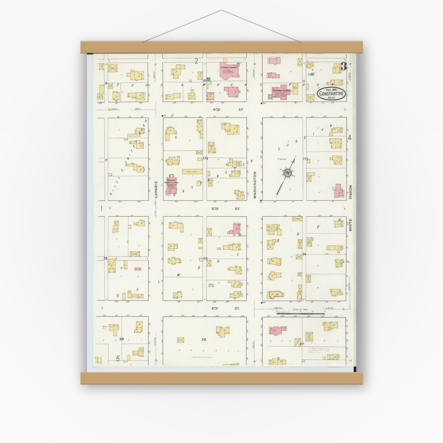 Old map wall art mockup — magnetic wood frame on white wall — Sanborn Fire Insurance Map from Constantine, Saint Joseph County, Michigan (1916), Sheet #0003
