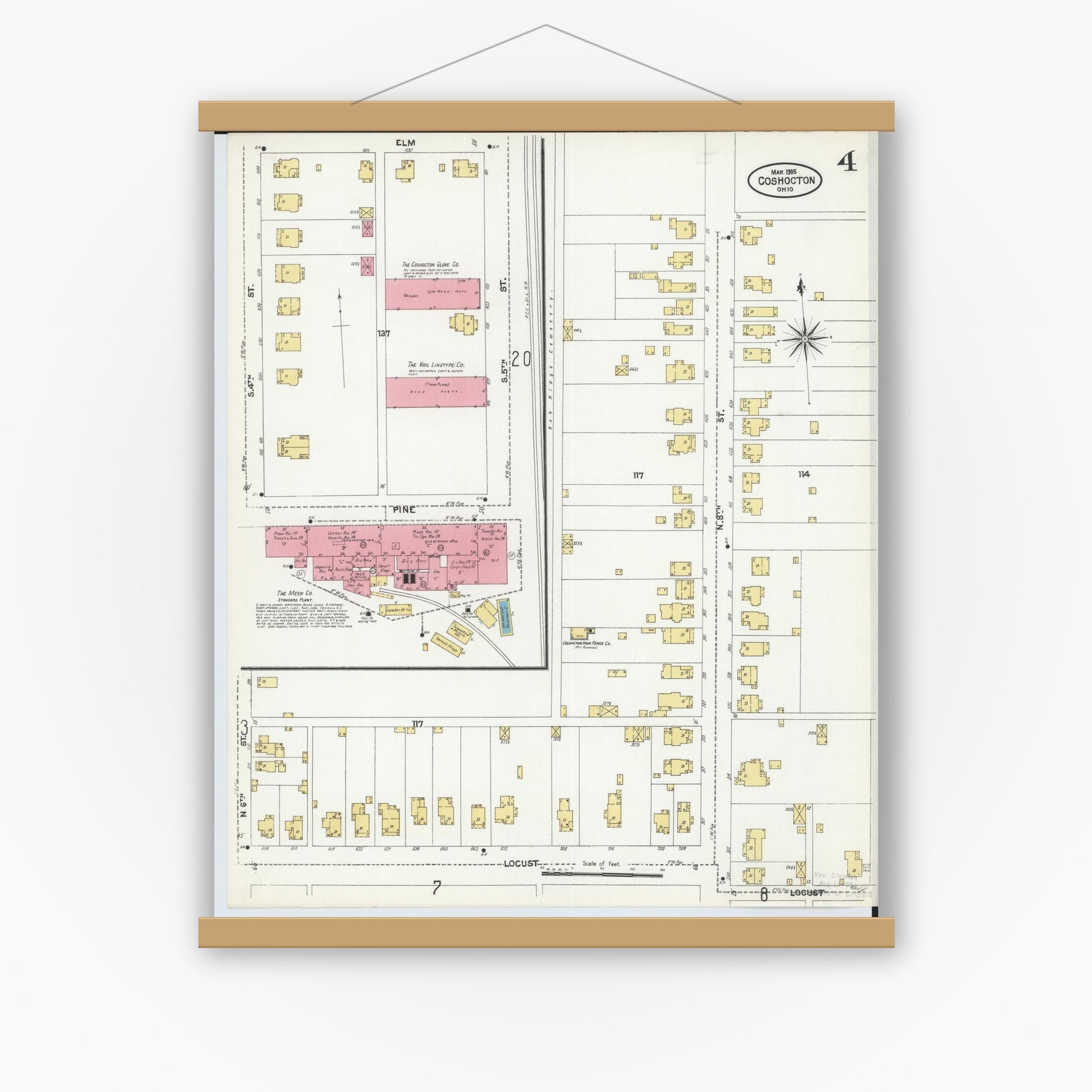 Old map wall art mockup — magnetic wood frame on white wall — Sanborn Fire Insurance Map from Coshocton, Coshocton County, Ohio (1905), Sheet #0004