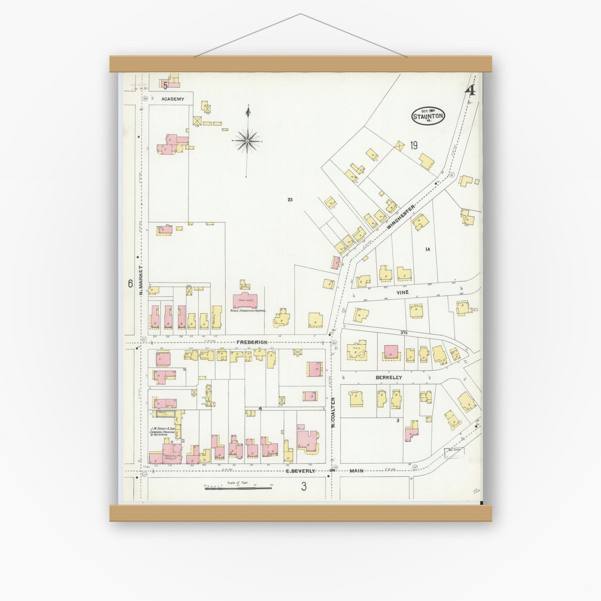 Old map wall art mockup — magnetic wood frame on white wall — Sanborn Fire Insurance Map from Staunton, Independent Cities, Virginia (1904), Sheet #0004
