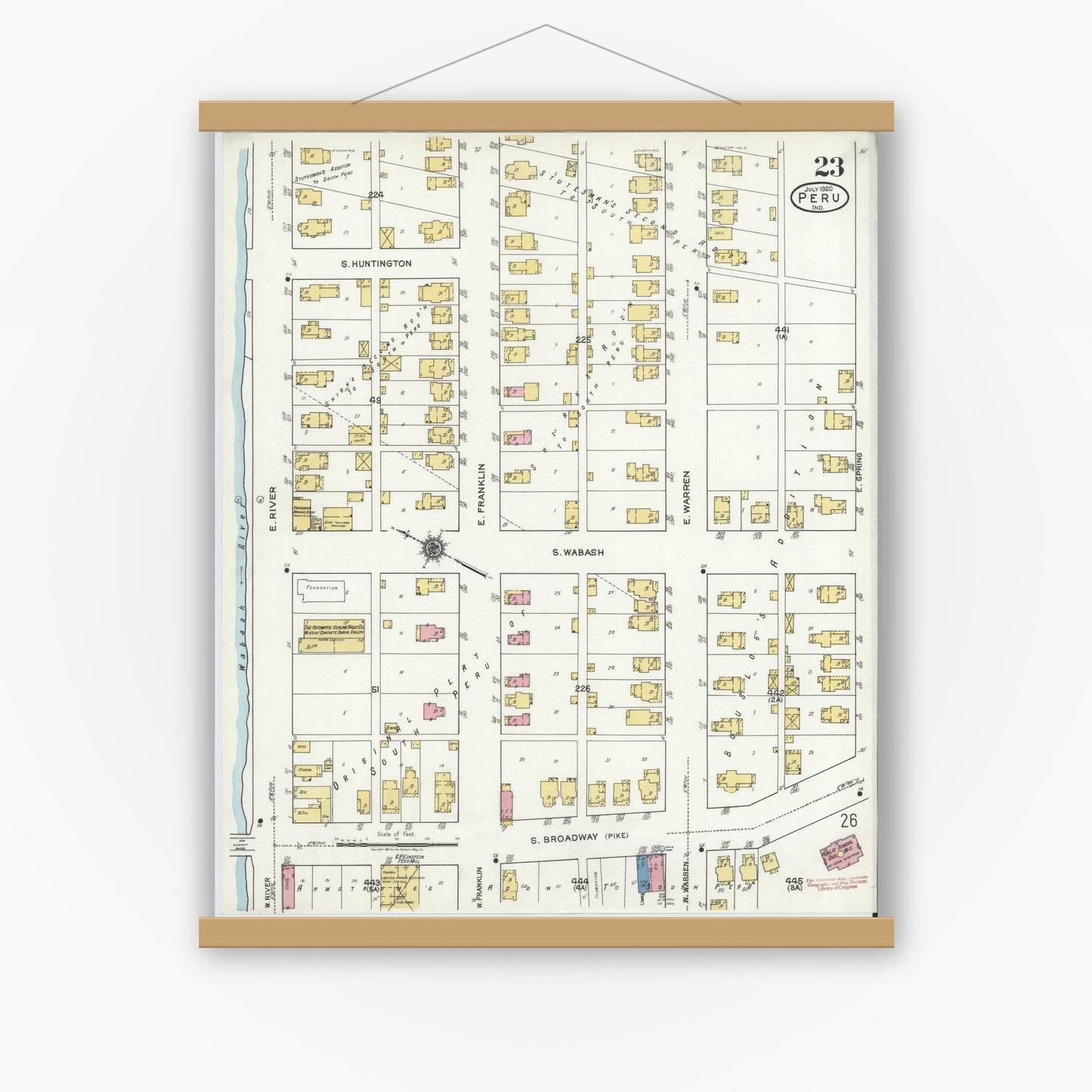 Old map wall art mockup — magnetic wood frame on white wall — Sanborn Fire Insurance Map from Peru, Miami County, Indiana (1920), Sheet #0023