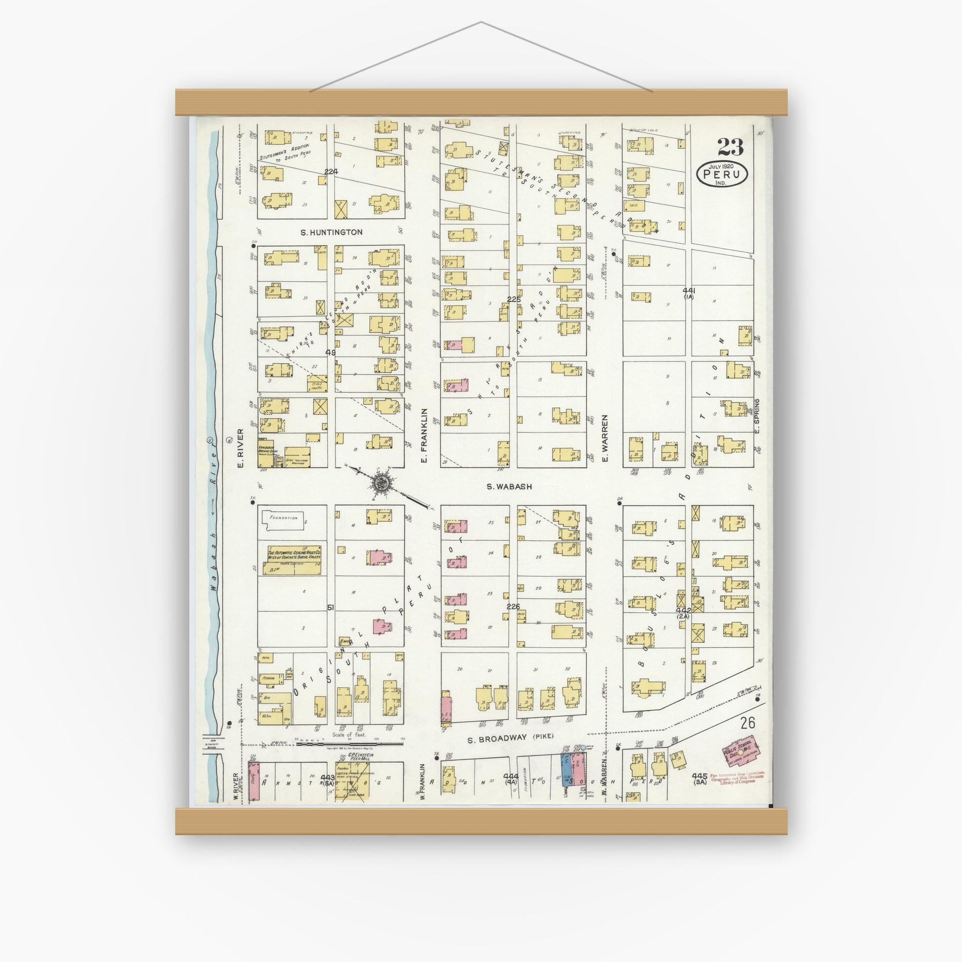 Old map wall art mockup — magnetic wood frame on white wall — Sanborn Fire Insurance Map from Peru, Miami County, Indiana (1920), Sheet #0023