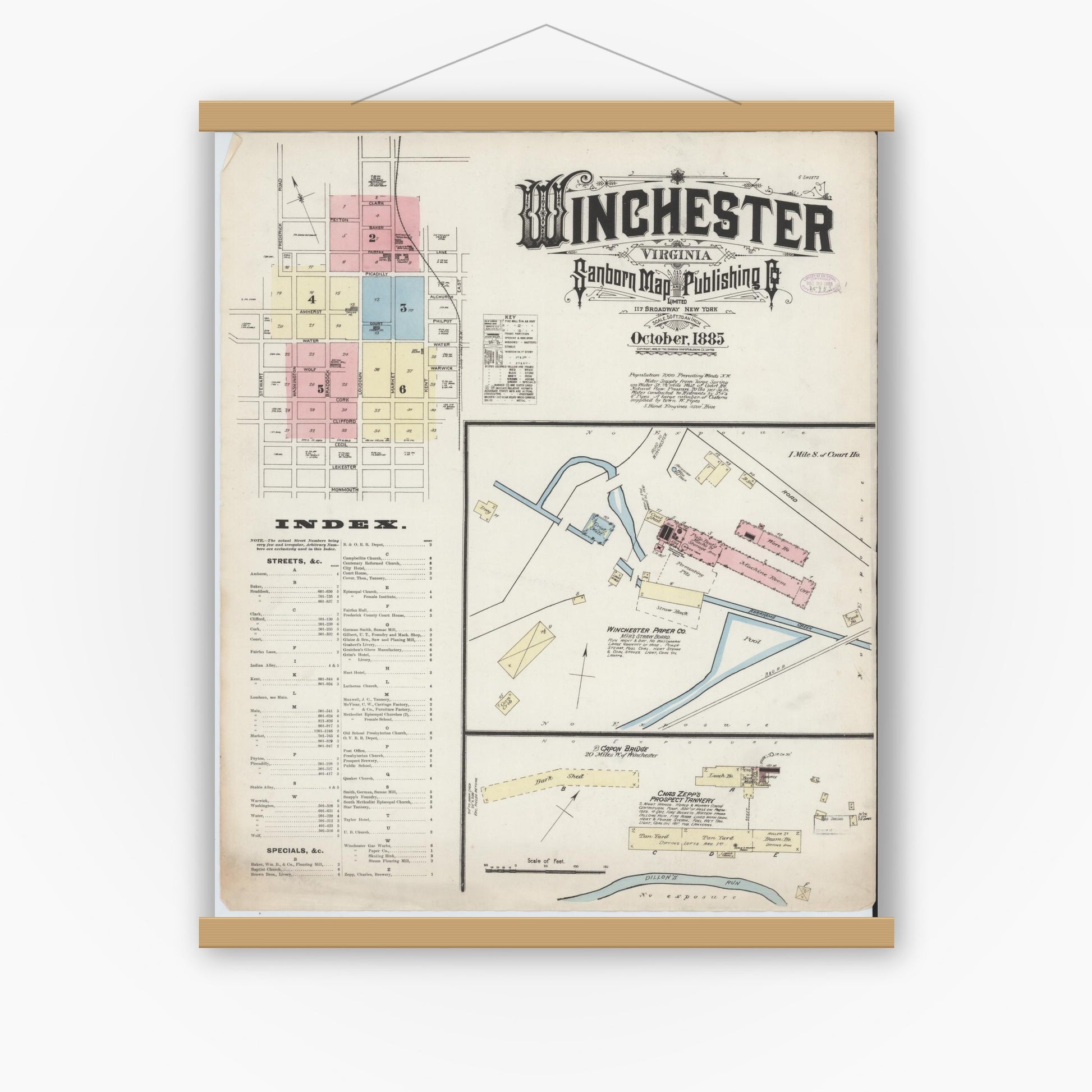 Old map wall art mockup — magnetic wood frame on white wall — Sanborn Fire Insurance Map from Winchester, Independent Cities, Virginia (1885) - Complete Map Set