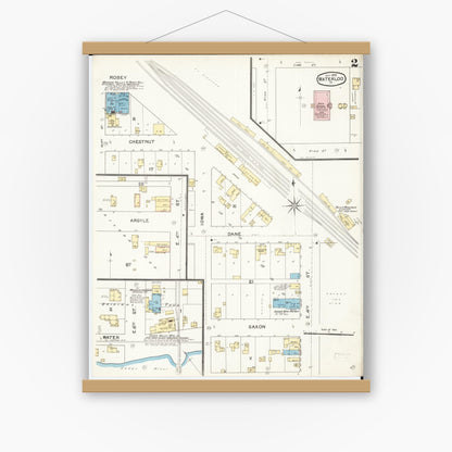 Old map wall art mockup — magnetic wood frame on white wall — Sanborn Fire Insurance Map from Waterloo, Black Hawk County, Iowa (1892), Sheet #0002