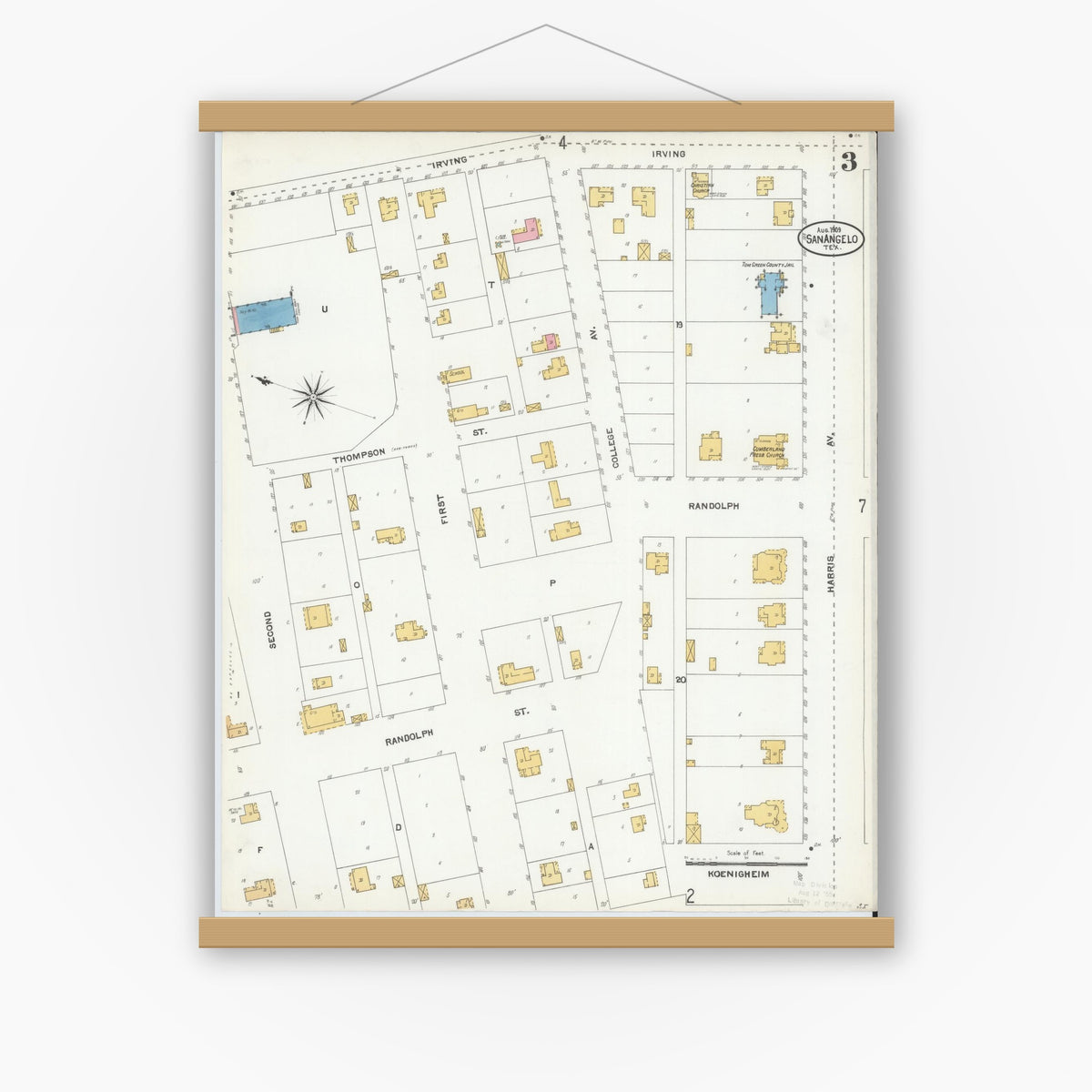 Old map wall art mockup — magnetic wood frame on white wall — Sanborn Fire Insurance Map from San Angelo, Tom Green County, Texas (1904), Sheet #0003