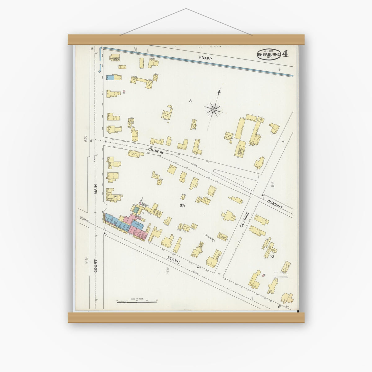 Old map wall art mockup — magnetic wood frame on white wall — Sanborn Fire Insurance Map from Sherburne, Chenango County, New York (1892), Sheet #0004