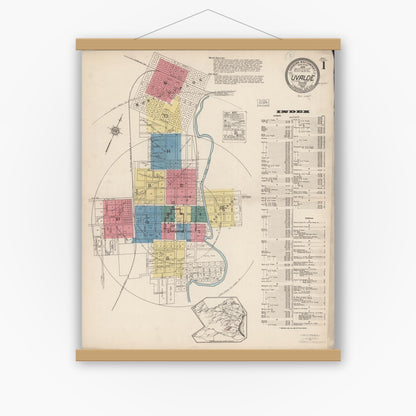 Old map wall art mockup — magnetic wood frame on white wall — Sanborn Fire Insurance Map from Uvalde, Uvalde County, Texas (1922), Sheet #0001