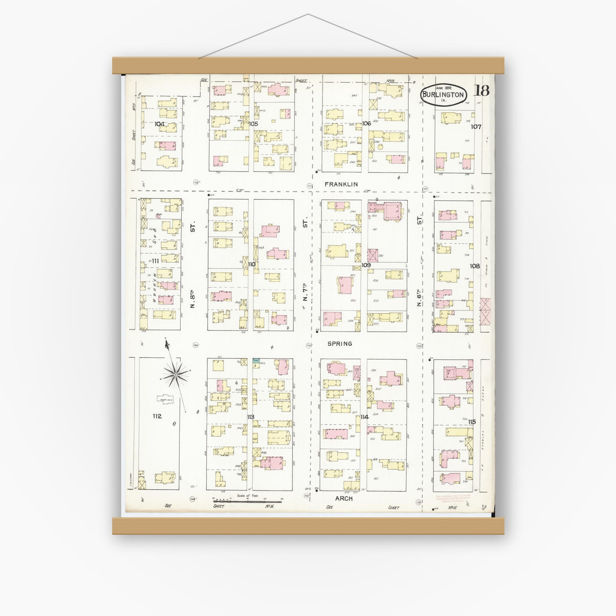 Old map wall art mockup — magnetic wood frame on white wall — Sanborn Fire Insurance Map from Burlington, Des Moines County, Iowa (1892), Sheet #0018