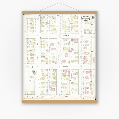Old map wall art mockup — magnetic wood frame on white wall — Sanborn Fire Insurance Map from Burlington, Des Moines County, Iowa (1892), Sheet #0018