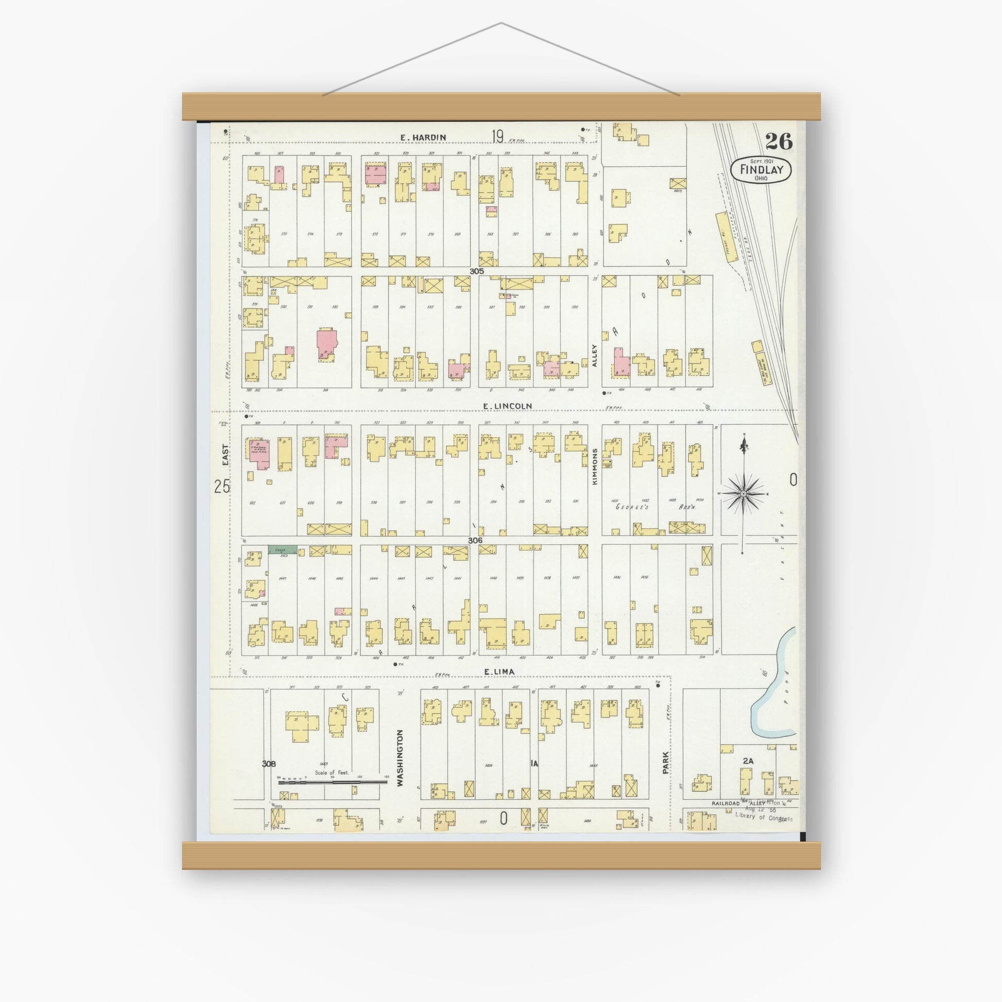 Old map wall art mockup — magnetic wood frame on white wall — Sanborn Fire Insurance Map from Findlay, Hancock County, Ohio (1901), Sheet #0026