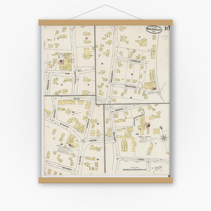 Old map wall art mockup — magnetic wood frame on white wall — Sanborn Fire Insurance Map from Marlborough, Middlesex County, Massachusetts (1890), Sheet #0010