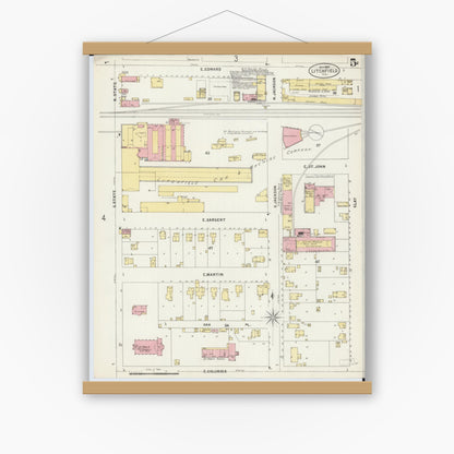 Old map wall art mockup — magnetic wood frame on white wall — Sanborn Fire Insurance Map from Litchfield, Montgomery County, Illinois (1897), Sheet #0005