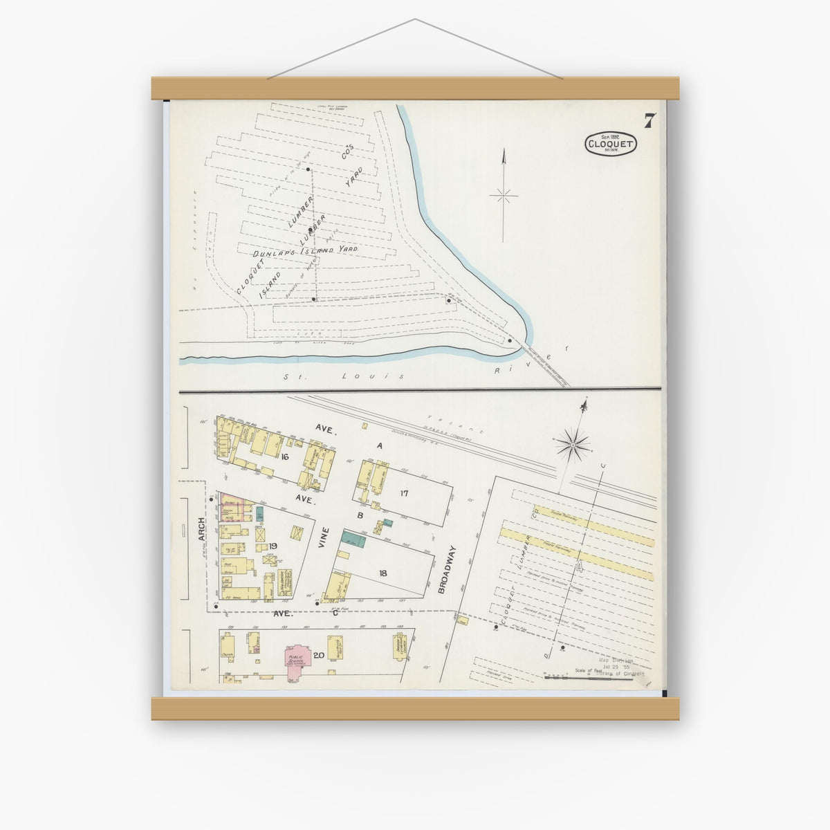 Old map wall art mockup — magnetic wood frame on white wall — Sanborn Fire Insurance Map from Cloquet, Carlton County, Minnesota (1892), Sheet #0007