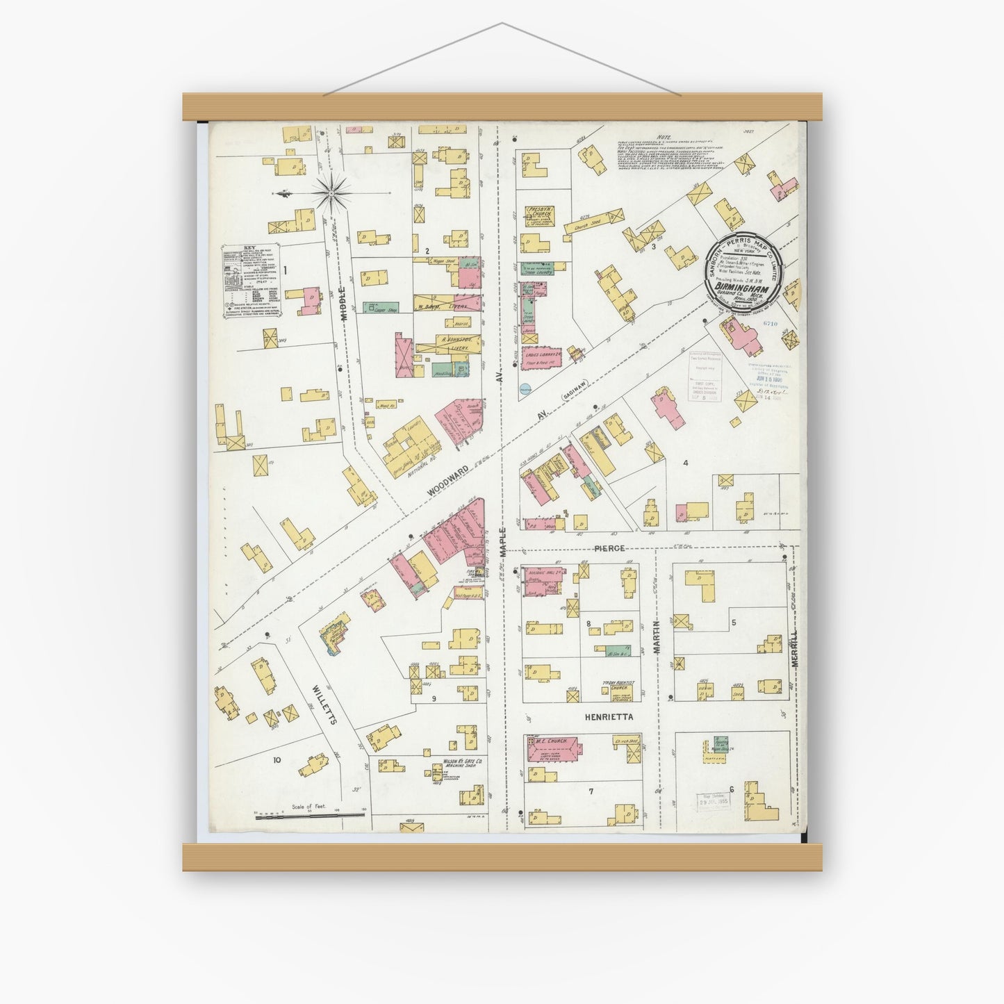 Old map wall art mockup — magnetic wood frame on white wall — Sanborn Fire Insurance Map from Birmingham, Oakland County, Michigan (1900), Sheet #0001