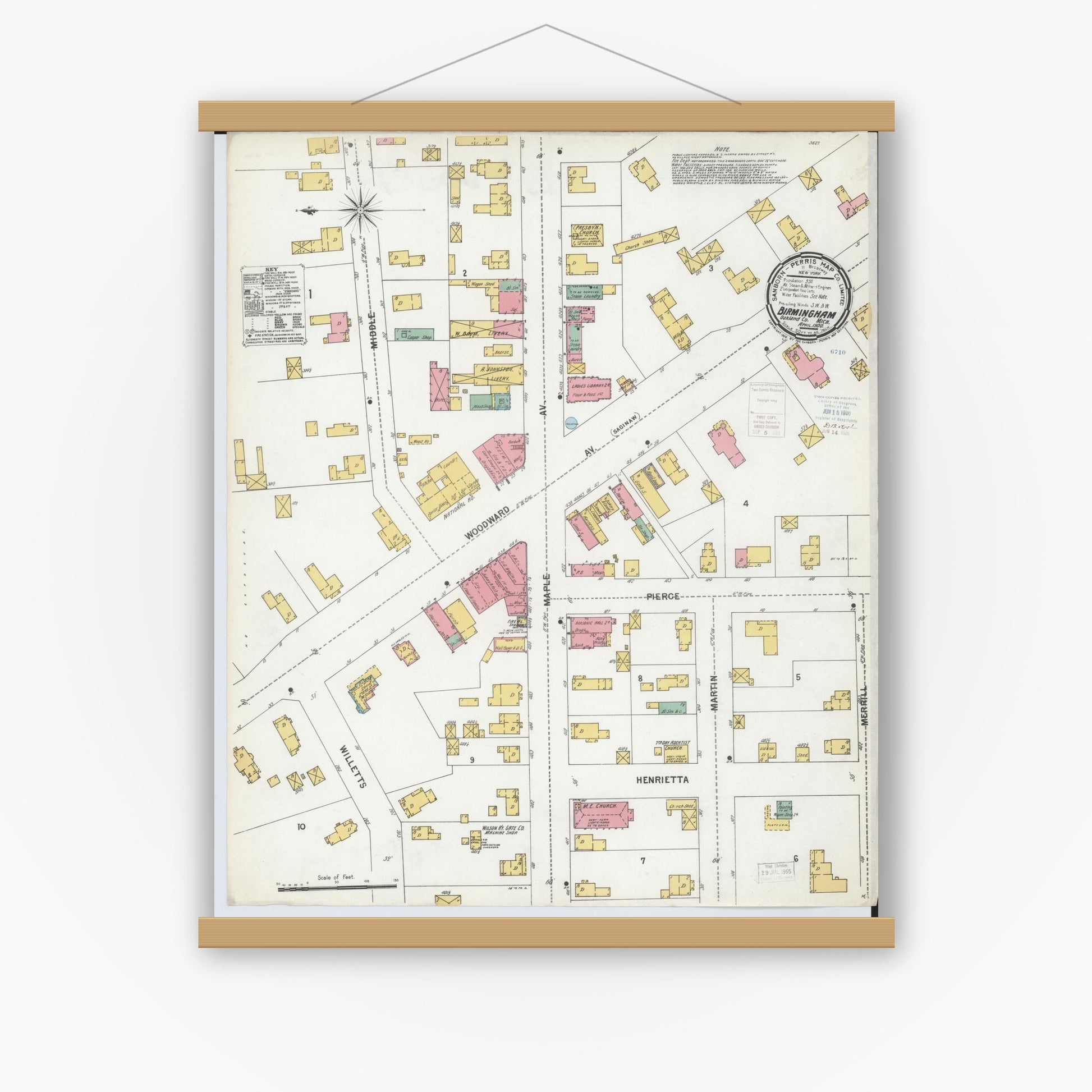 Old map wall art mockup — magnetic wood frame on white wall — Sanborn Fire Insurance Map from Birmingham, Oakland County, Michigan (1900), Sheet #0001