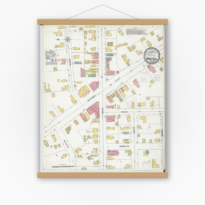 Old map wall art mockup — magnetic wood frame on white wall — Sanborn Fire Insurance Map from Birmingham, Oakland County, Michigan (1900), Sheet #0001