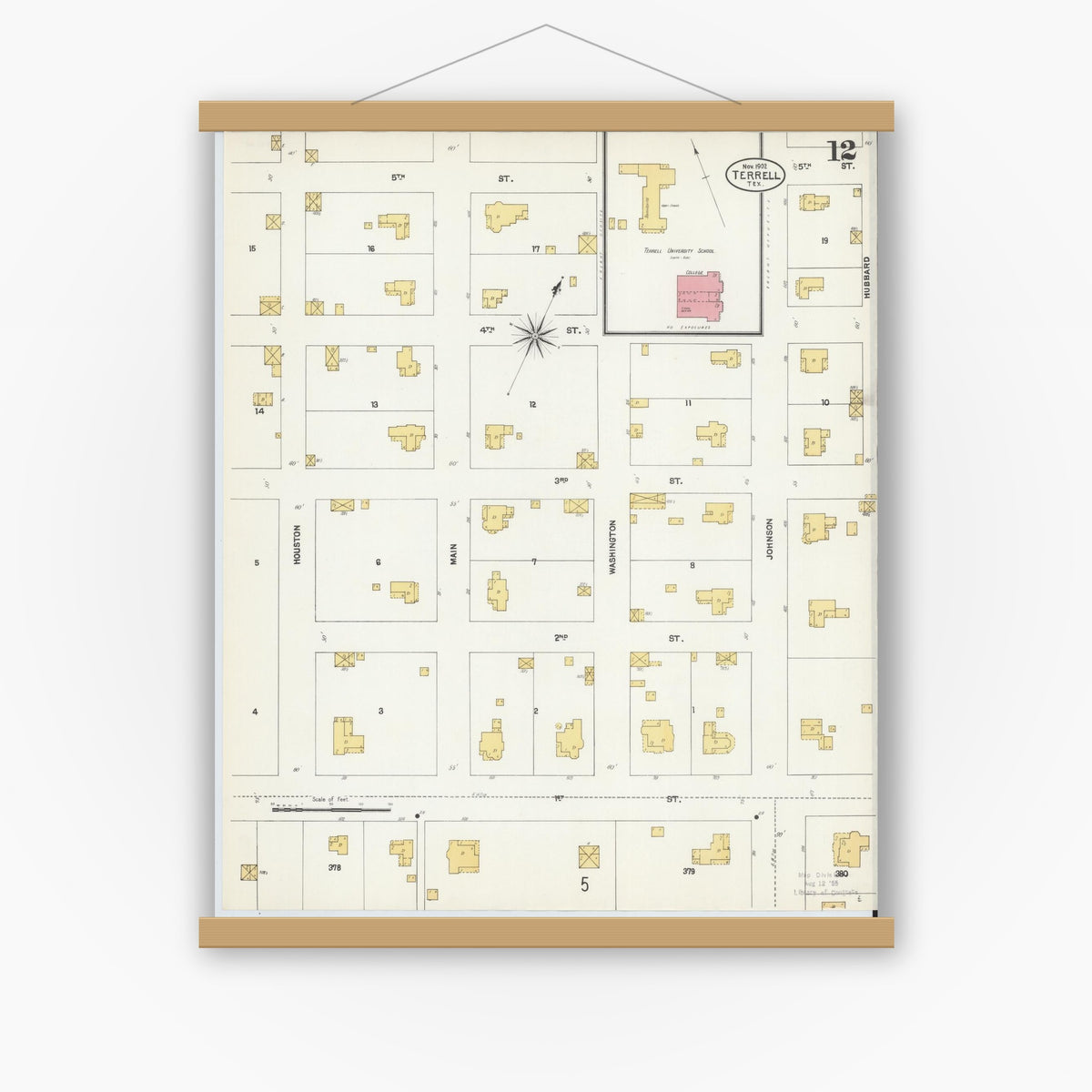 Old map wall art mockup — magnetic wood frame on white wall — Sanborn Fire Insurance Map from Terrell, Kaufman County, Texas (1902), Sheet #0012