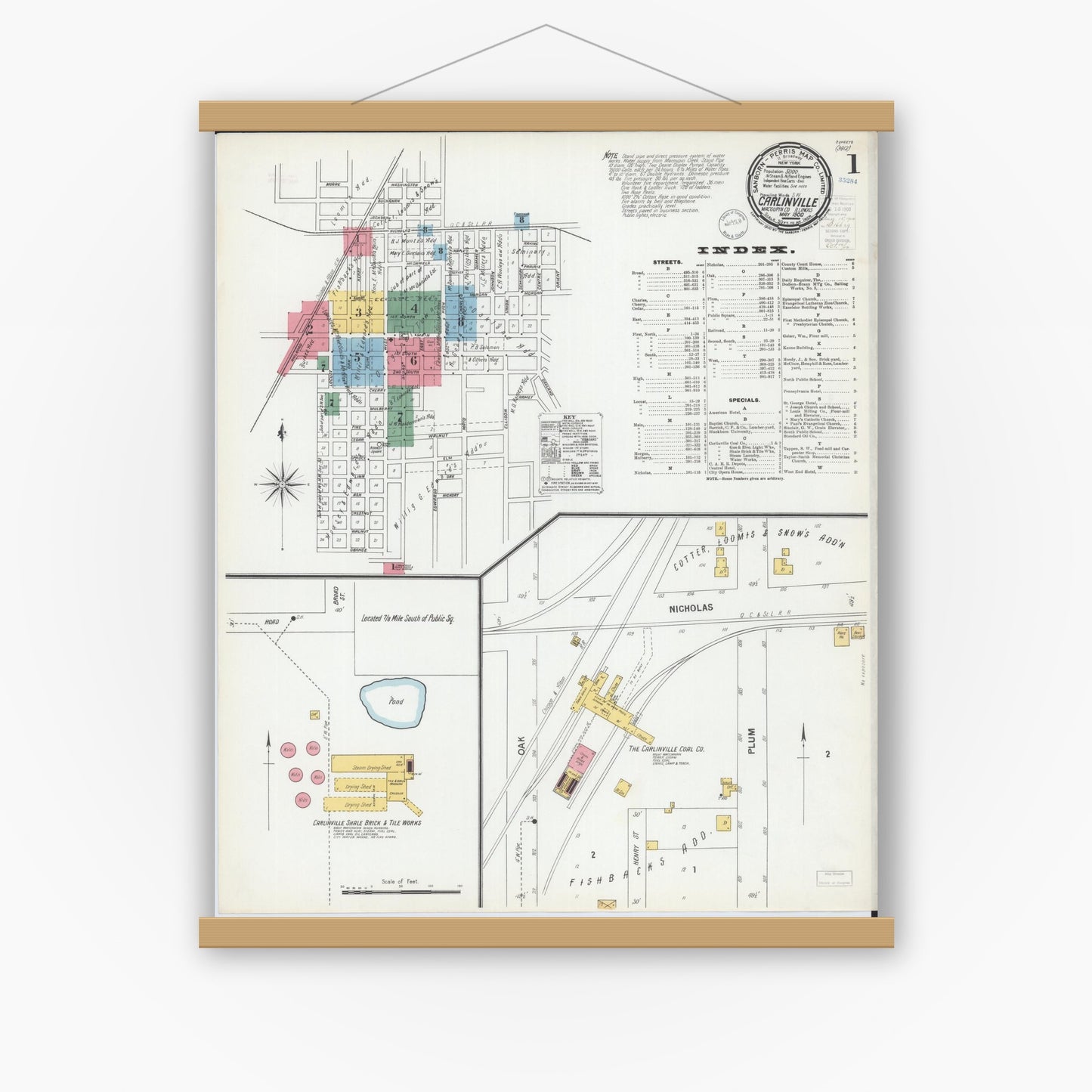 Old map wall art mockup — magnetic wood frame on white wall — Sanborn Fire Insurance Map from Carlinville, Macoupin County, Illinois (1900), Sheet #0001