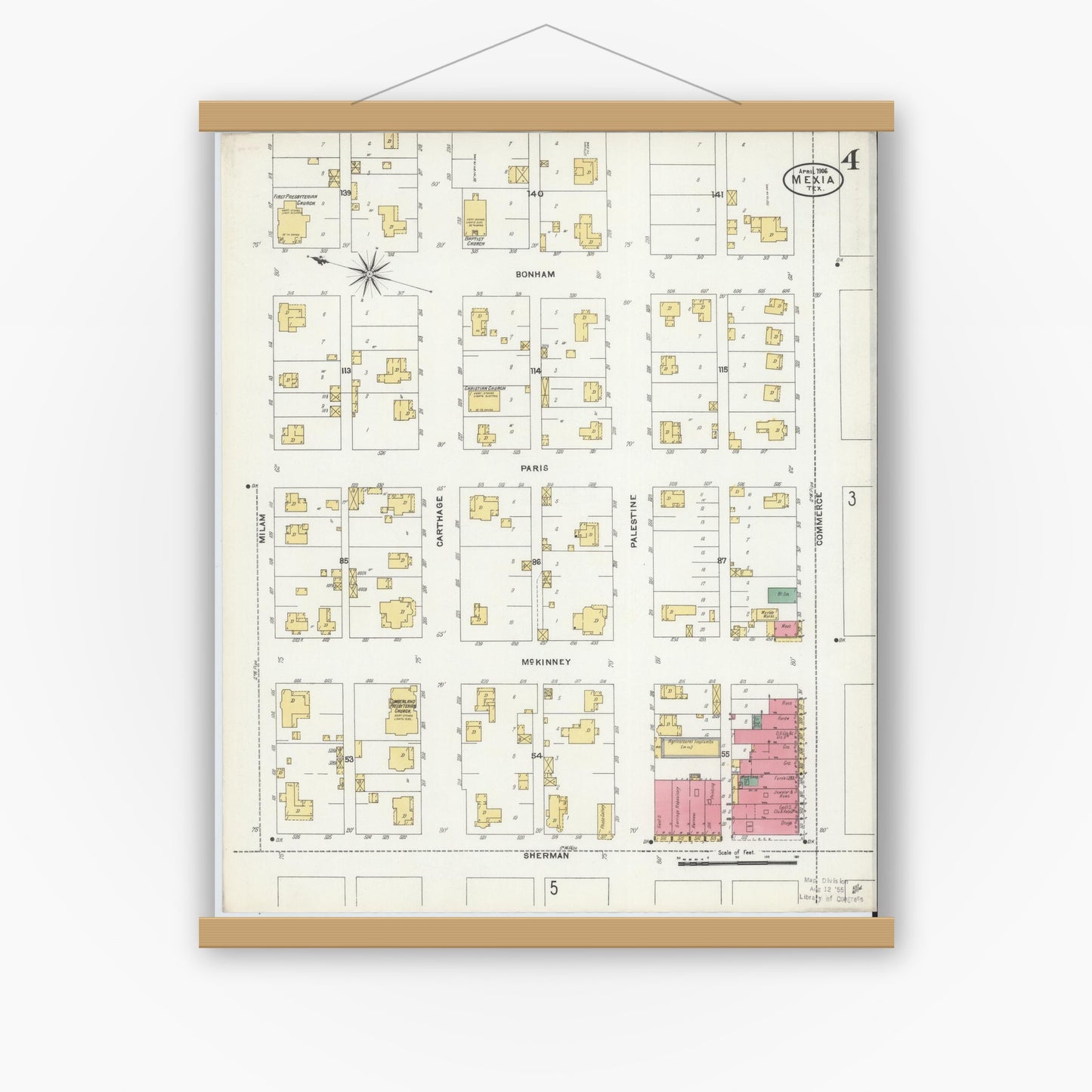 Old map wall art mockup — magnetic wood frame on white wall — Sanborn Fire Insurance Map from Mexia, Limestone County, Texas (1906), Sheet #0004