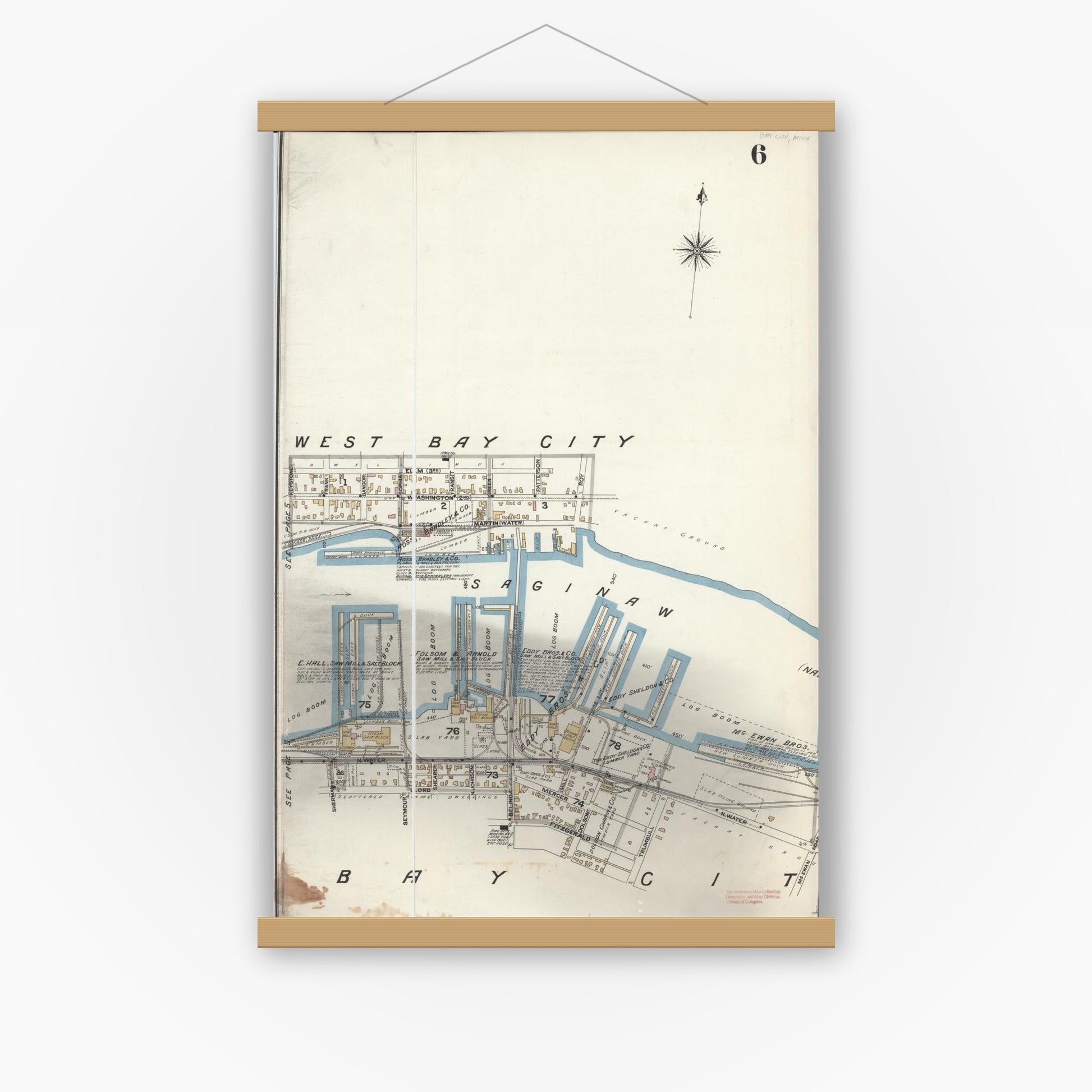Old map wall art mockup — magnetic wood frame on white wall — Sanborn Fire Insurance Map from Bay City, Bay County, Michigan (1895), Sheet #0006