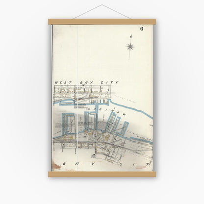 Old map wall art mockup — magnetic wood frame on white wall — Sanborn Fire Insurance Map from Bay City, Bay County, Michigan (1895), Sheet #0006