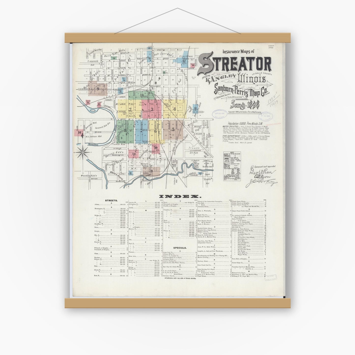 Old map wall art mockup — magnetic wood frame on white wall — Sanborn Fire Insurance Map from Streator, La Salle County, Illinois (1898) - Complete Map Set