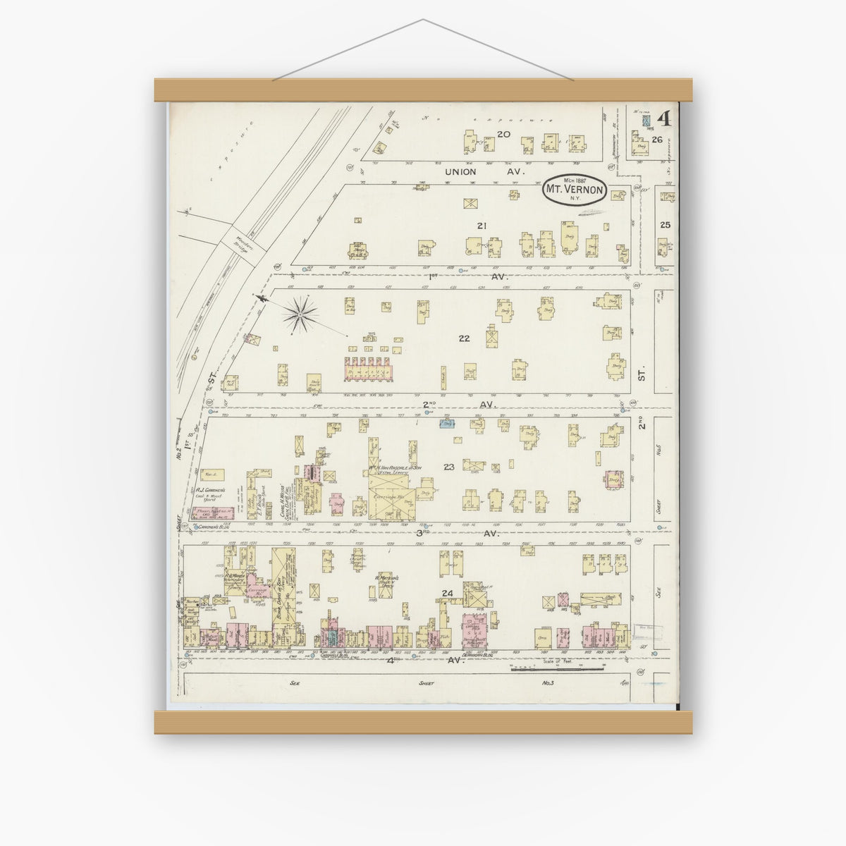 Old map wall art mockup — magnetic wood frame on white wall — Sanborn Fire Insurance Map from Mount Vernon, Westchester County, New York (1887), Sheet #0004