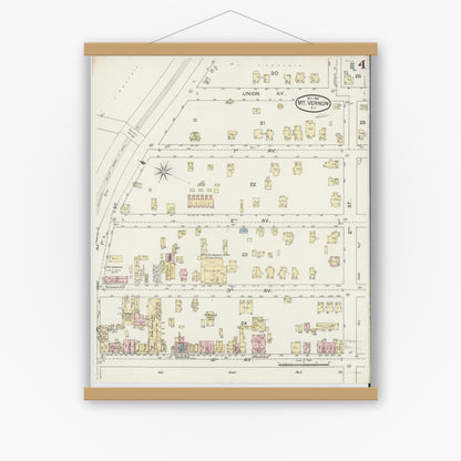 Old map wall art mockup — magnetic wood frame on white wall — Sanborn Fire Insurance Map from Mount Vernon, Westchester County, New York (1887), Sheet #0004