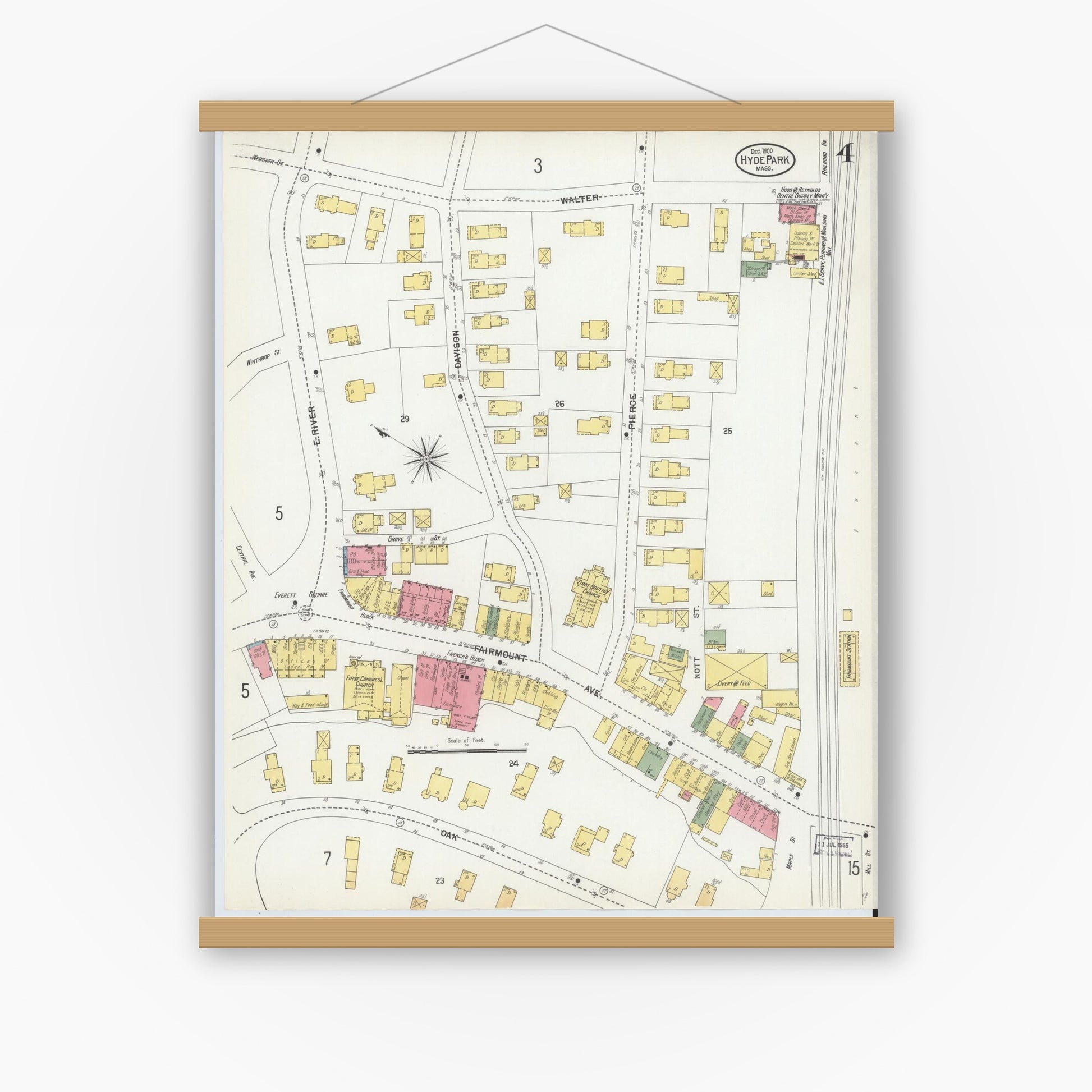 Old map wall art mockup — magnetic wood frame on white wall — Sanborn Fire Insurance Map from Hyde Park, Norfolk County, Massachusetts (1900), Sheet #0004