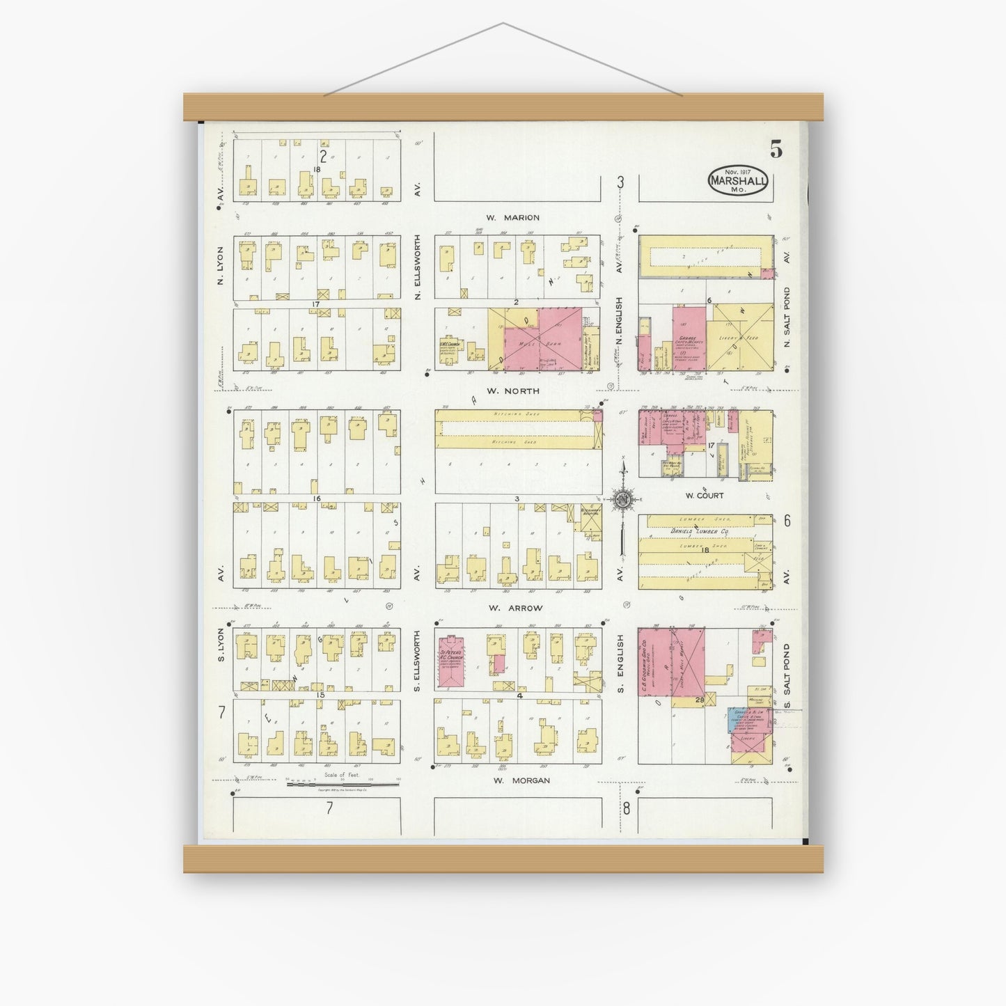 Old map wall art mockup — magnetic wood frame on white wall — Sanborn Fire Insurance Map from Marshall, Saline County, Missouri (1917), Sheet #0005