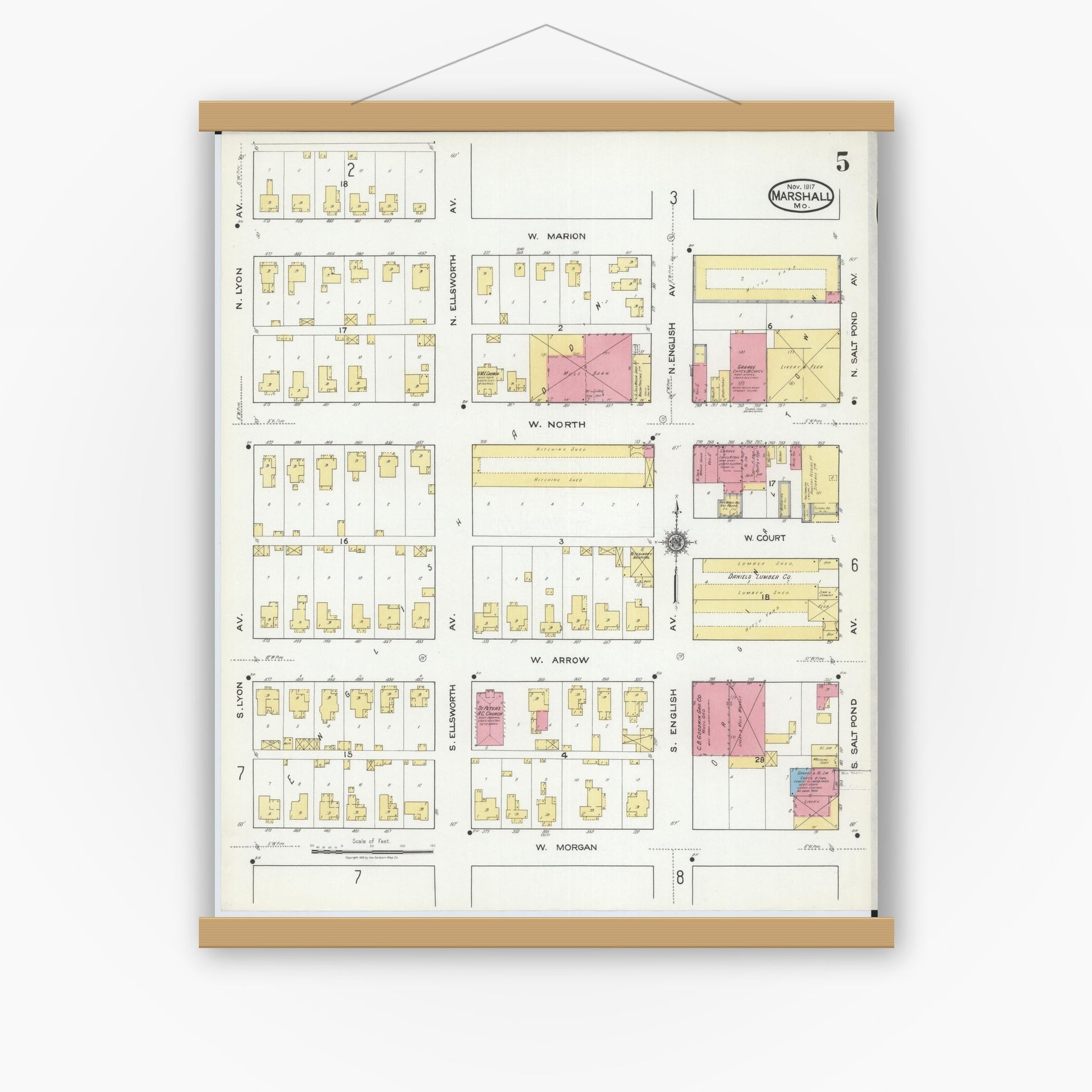 Old map wall art mockup — magnetic wood frame on white wall — Sanborn Fire Insurance Map from Marshall, Saline County, Missouri (1917), Sheet #0005