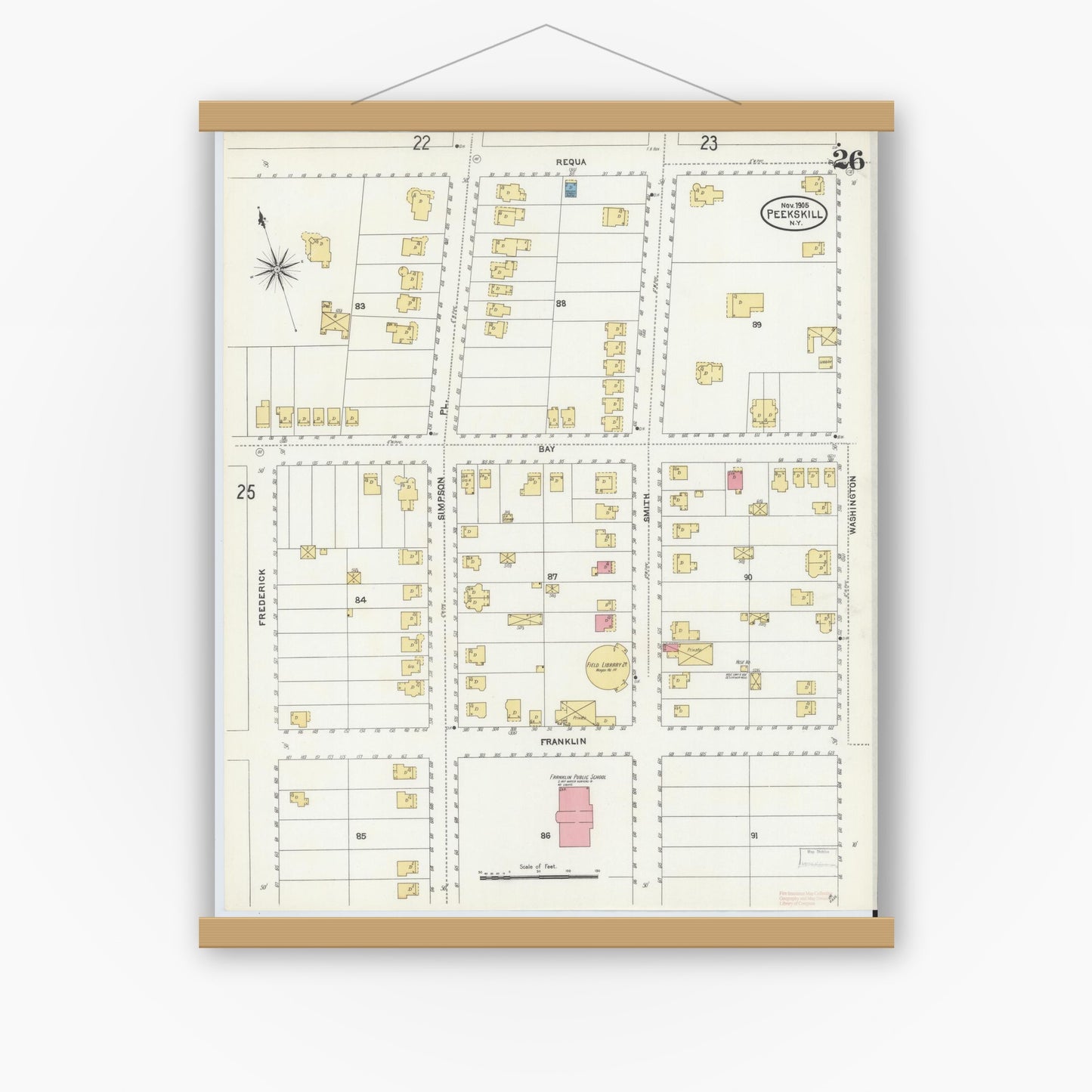 Old map wall art mockup — magnetic wood frame on white wall — Sanborn Fire Insurance Map from Peekskill, Westchester County, New York (1905), Sheet #0026