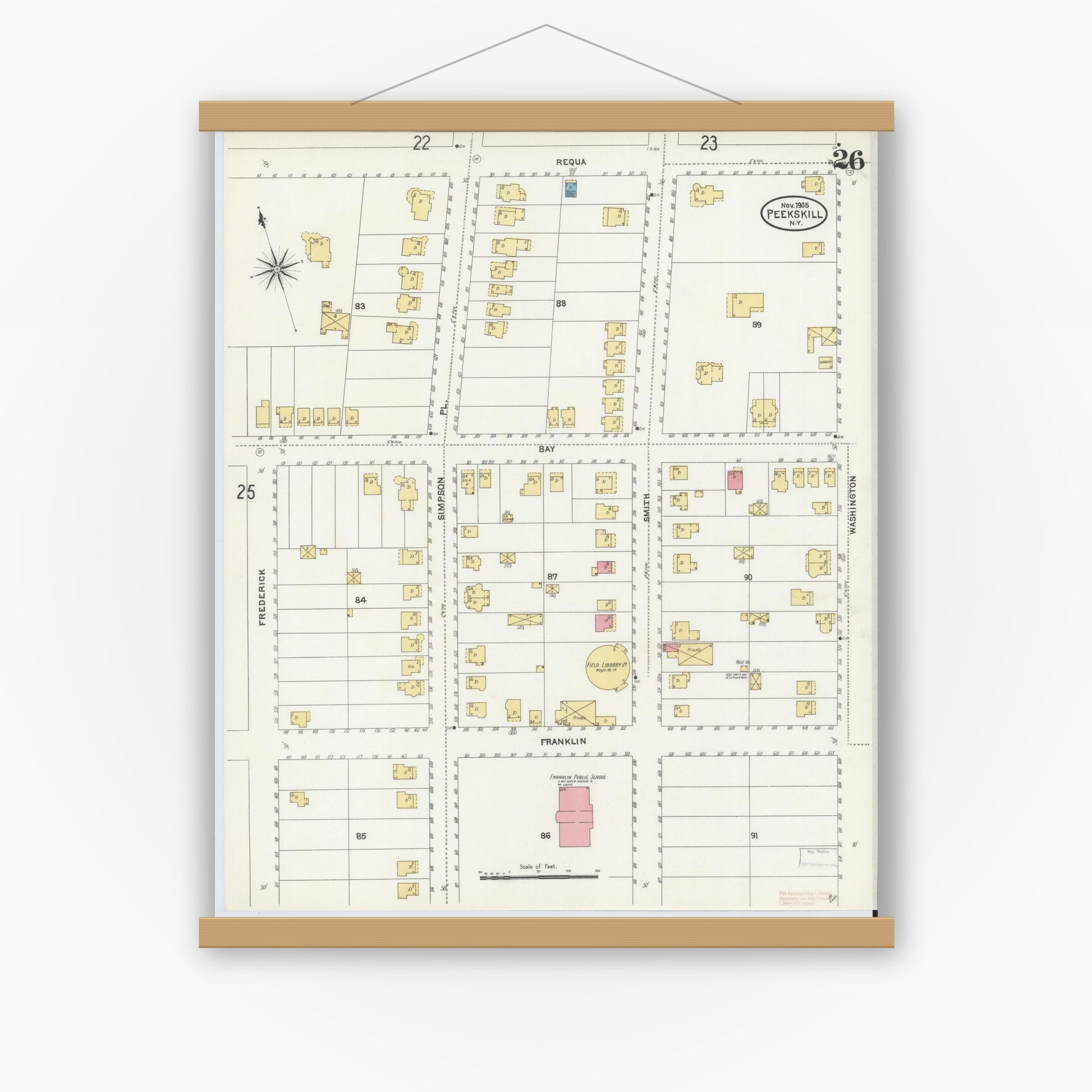 Old map wall art mockup — magnetic wood frame on white wall — Sanborn Fire Insurance Map from Peekskill, Westchester County, New York (1905), Sheet #0026