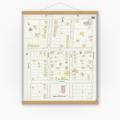 Old map wall art mockup — magnetic wood frame on white wall — Sanborn Fire Insurance Map from Peekskill, Westchester County, New York (1905), Sheet #0026