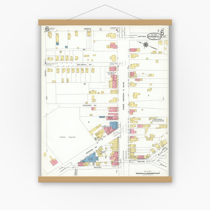 Old map wall art mockup — magnetic wood frame on white wall — Sanborn Fire Insurance Map from Haddonfield, Camden County, New Jersey (1923), Sheet #0006