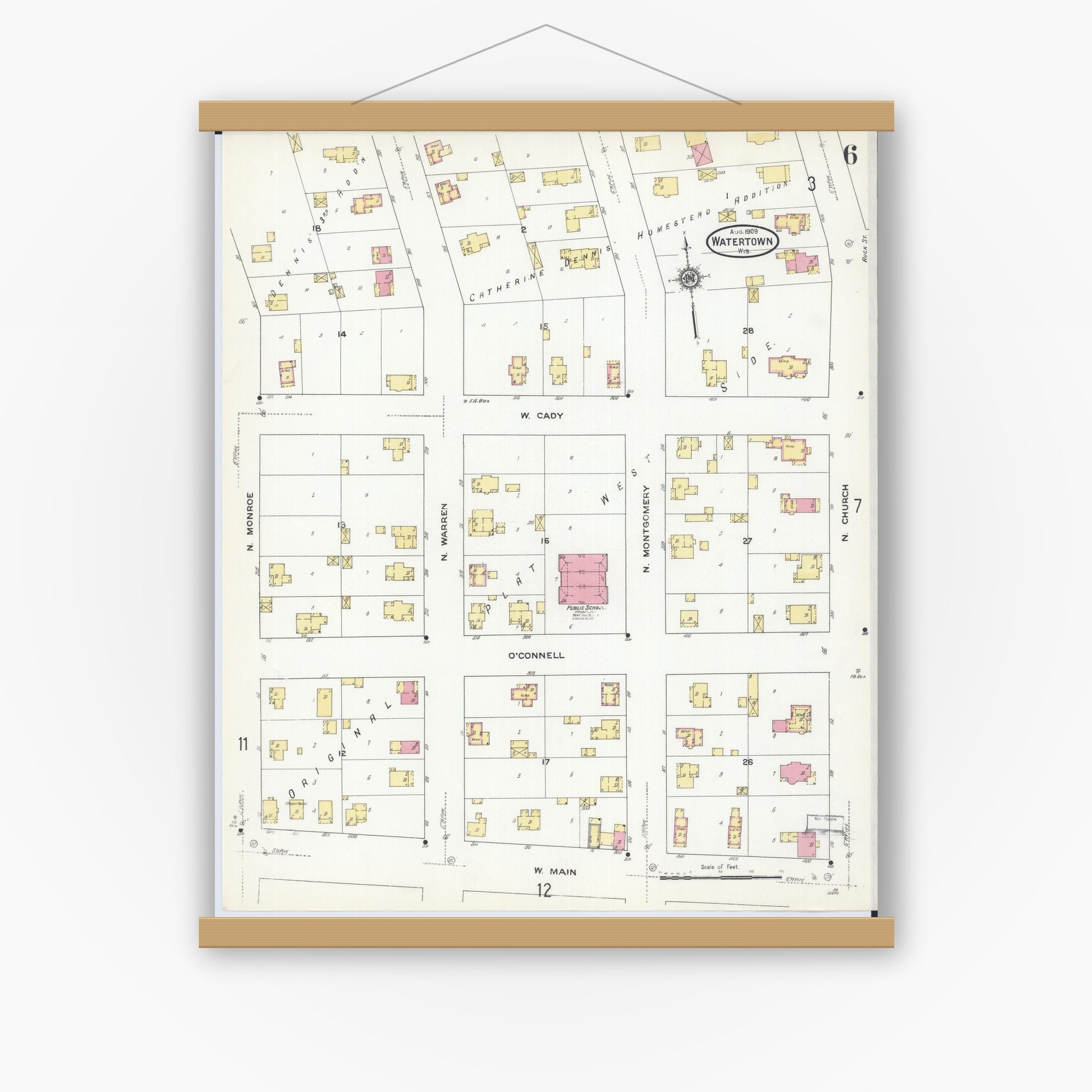 Old map wall art mockup — magnetic wood frame on white wall — Sanborn Fire Insurance Map from Watertown, Jefferson County, Wisconsin (1909), Sheet #0006