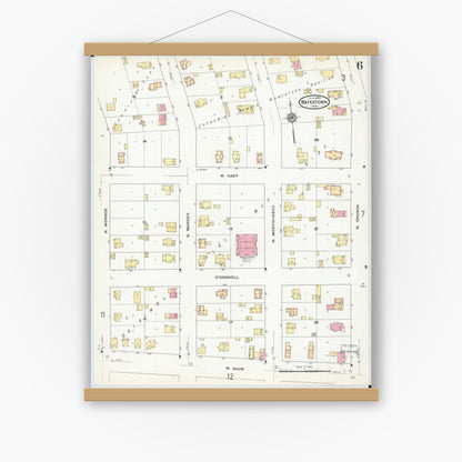 Old map wall art mockup — magnetic wood frame on white wall — Sanborn Fire Insurance Map from Watertown, Jefferson County, Wisconsin (1909), Sheet #0006