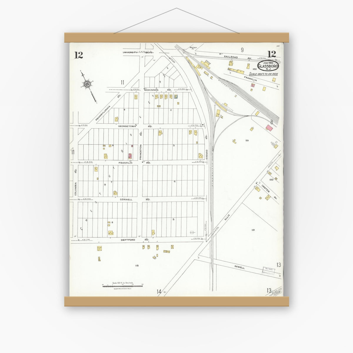 Old map wall art mockup — magnetic wood frame on white wall — Sanborn Fire Insurance Map from Glassboro, Gloucester County, New Jersey (1923), Sheet #0012