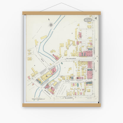 Old map wall art mockup — magnetic wood frame on white wall — Sanborn Fire Insurance Map from Adrian, Lenawee County, Michigan (1893), Sheet #0004