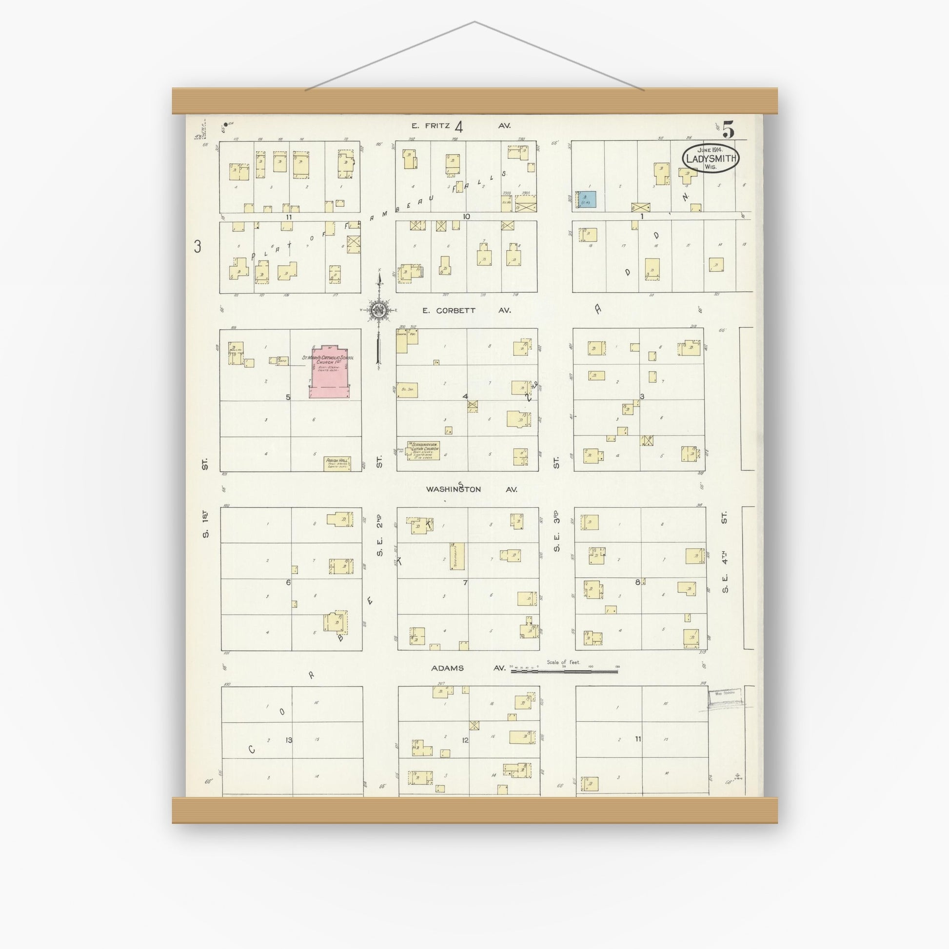 Old map wall art mockup — magnetic wood frame on white wall — Sanborn Fire Insurance Map from Ladysmith, Rusk County, Wisconsin (1914), Sheet #0005