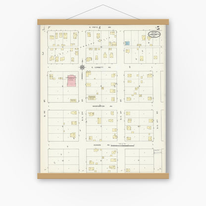 Old map wall art mockup — magnetic wood frame on white wall — Sanborn Fire Insurance Map from Ladysmith, Rusk County, Wisconsin (1914), Sheet #0005