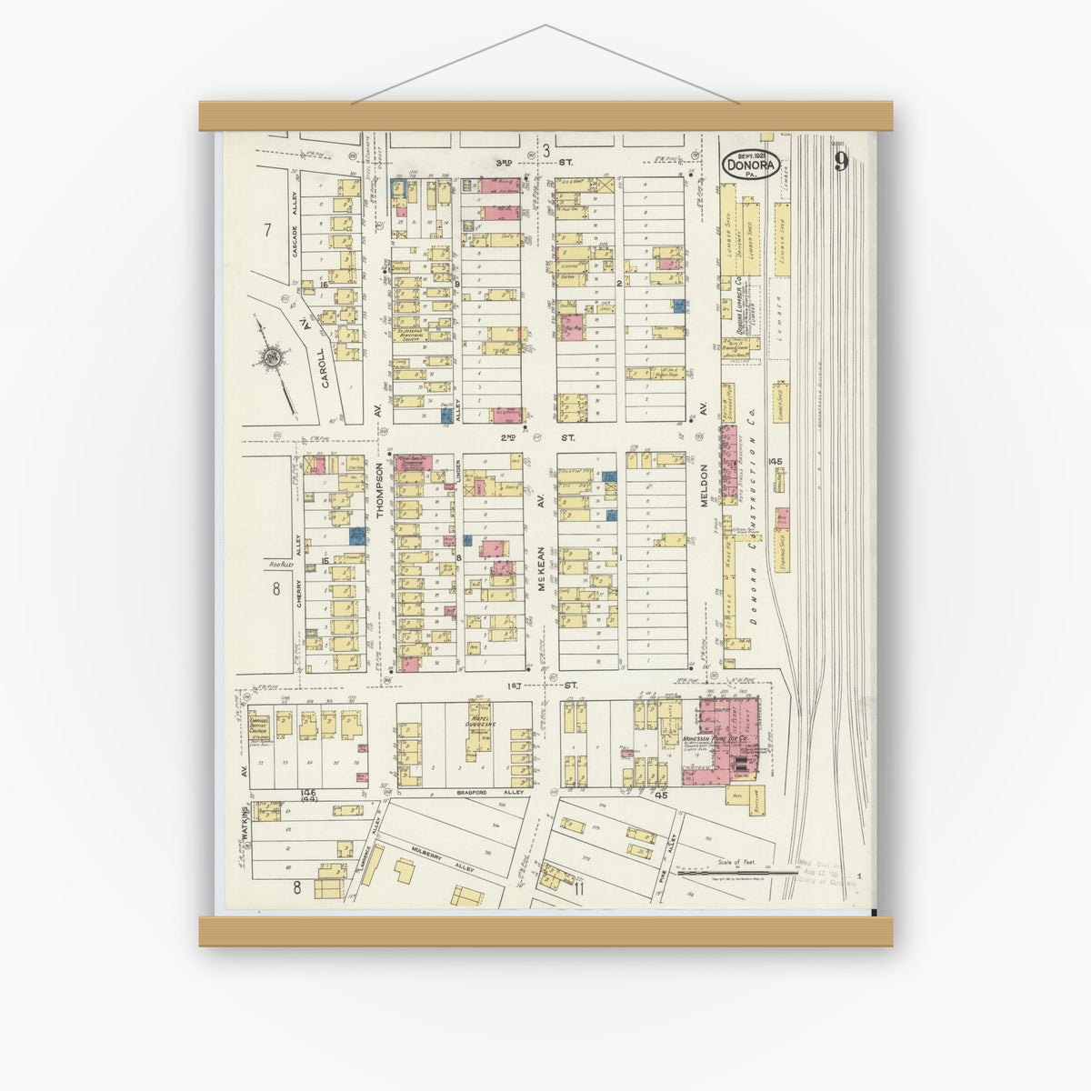 Old map wall art mockup — magnetic wood frame on white wall — Sanborn Fire Insurance Map from Donora, Washington County, Pennsylvania (1921), Sheet #0009