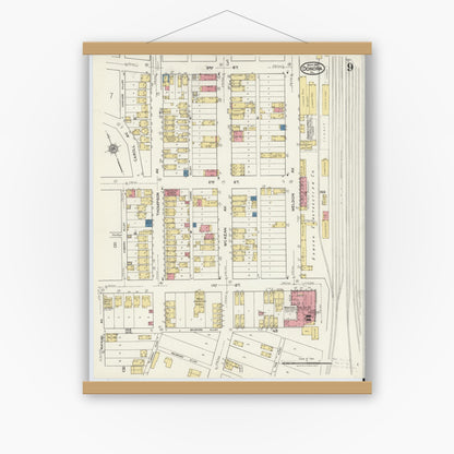Old map wall art mockup — magnetic wood frame on white wall — Sanborn Fire Insurance Map from Donora, Washington County, Pennsylvania (1921), Sheet #0009