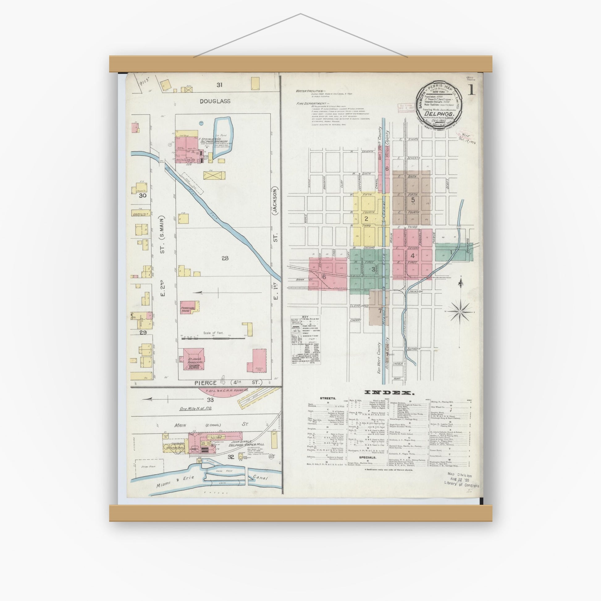 Old map wall art mockup — magnetic wood frame on white wall — Sanborn Fire Insurance Map from Delphos, Van Wert And Allen Counties, Ohio (1892) - Complete Map Set